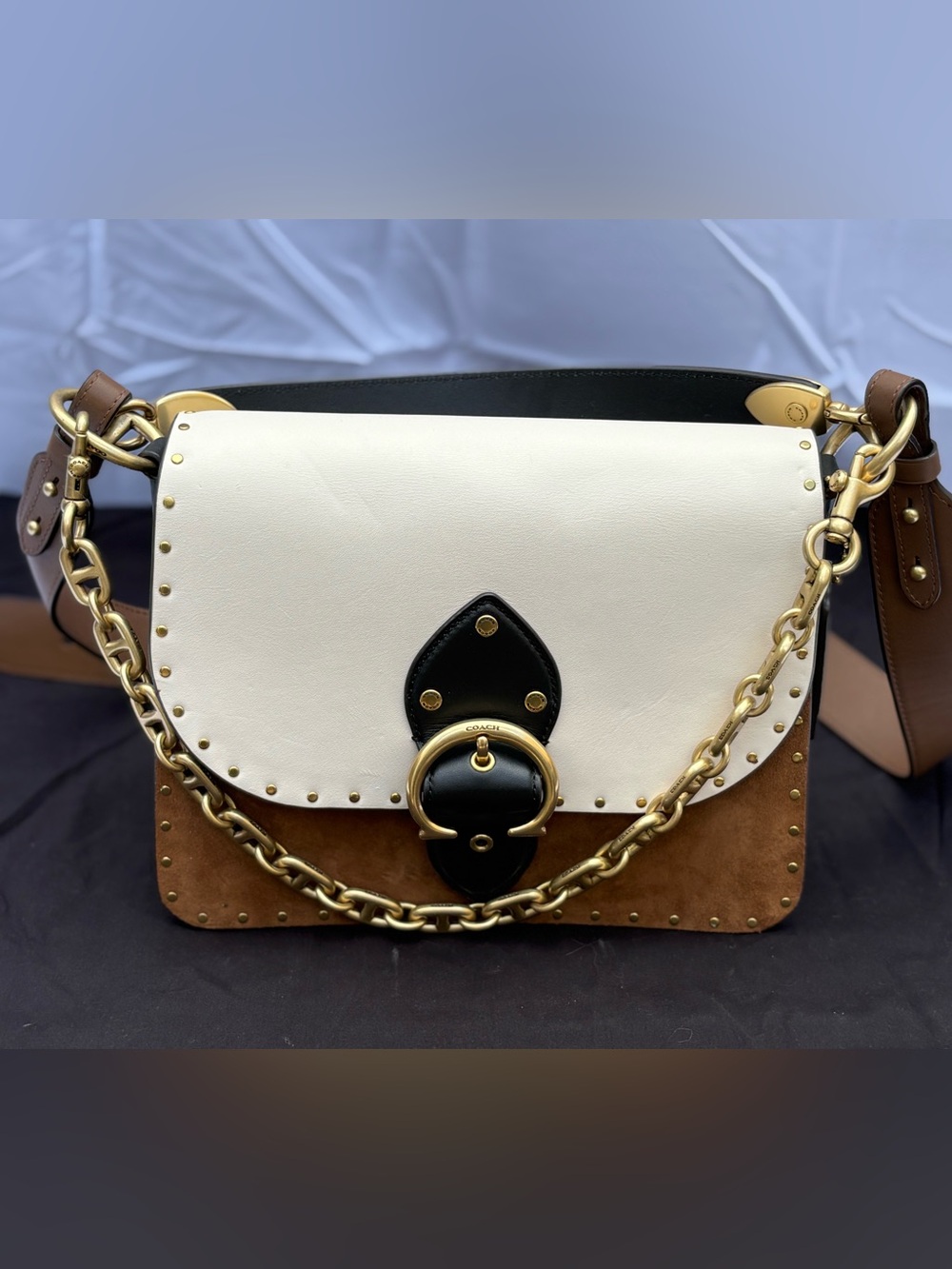 Coach Suede and Leather Colorblock Chain Satchel in White, Brown & Black